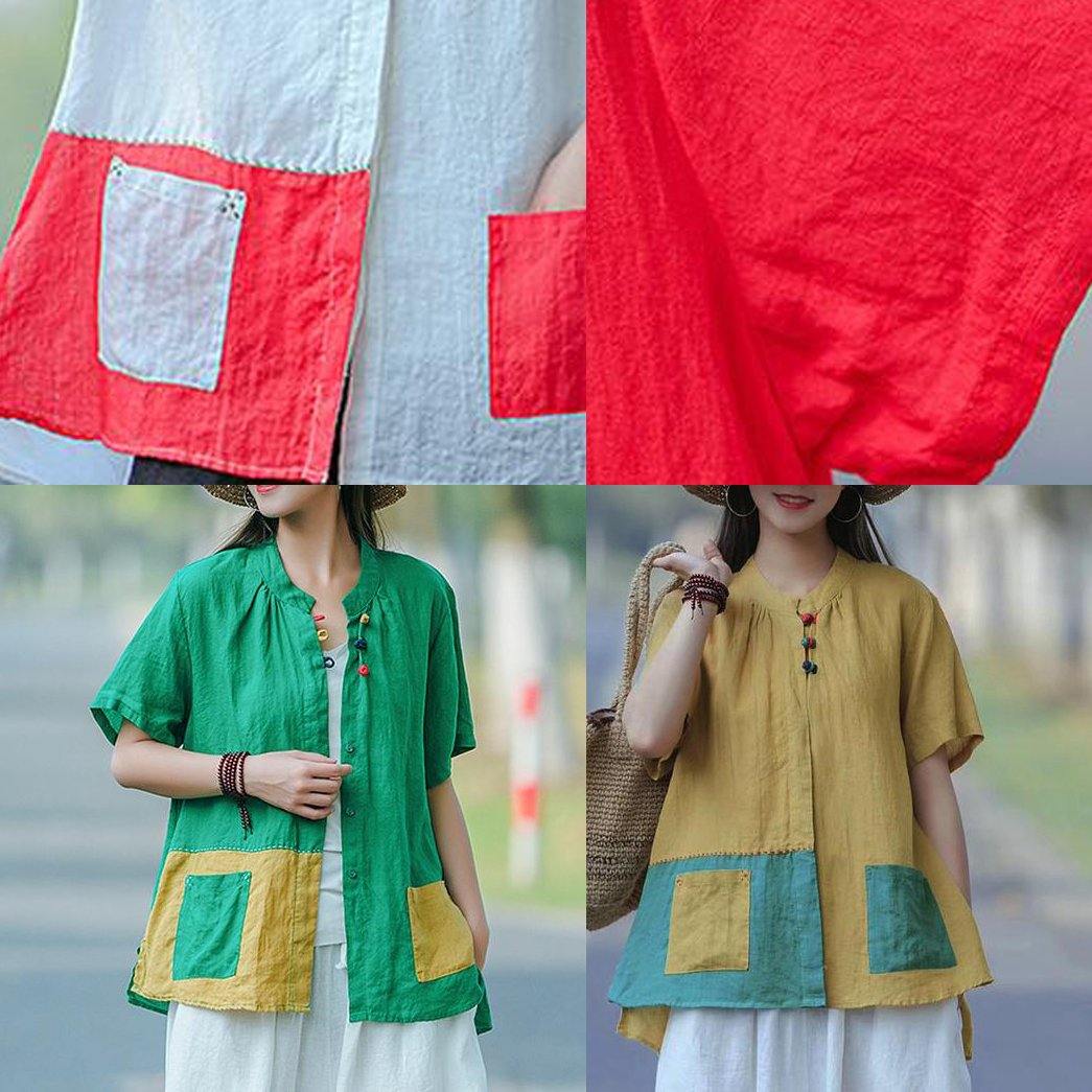 Elegant Red for women Omychic Cotton Literary Summer Cardigan Short Sleeve Shirt - SooLinen