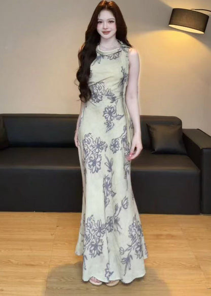 Elegant Retro O-Neck Print Tulle Maxi Dresses Summer