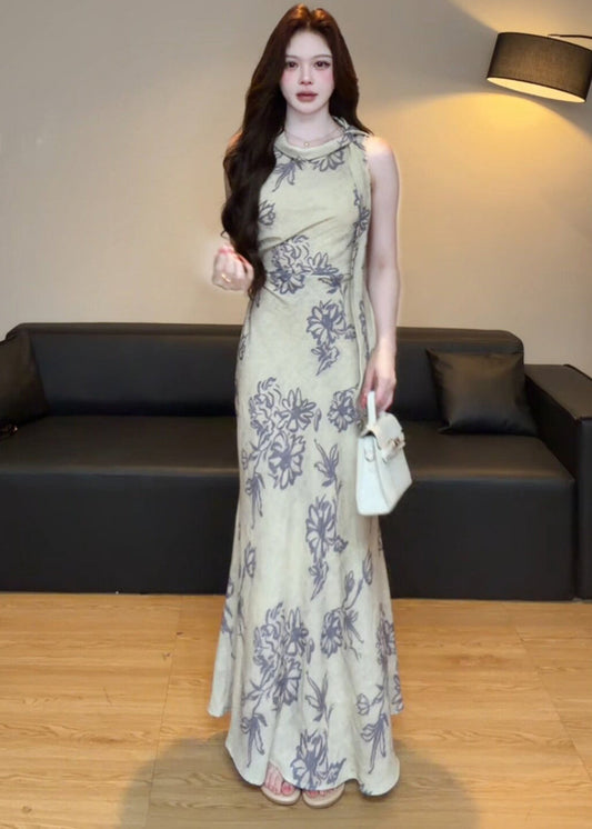 Elegant Retro O-Neck Print Tulle Maxi Dresses Summer