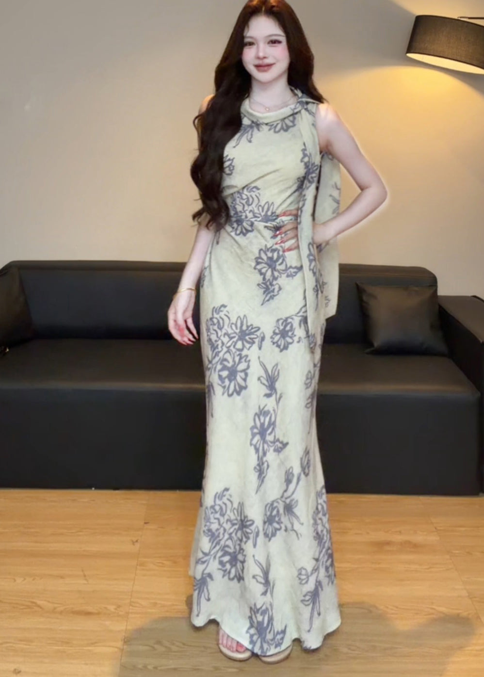 Elegant Retro O-Neck Print Tulle Maxi Dresses Summer