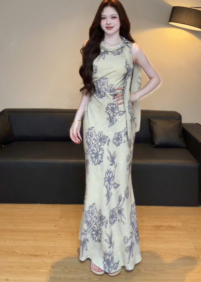 Elegant Retro O-Neck Print Tulle Maxi Dresses Summer