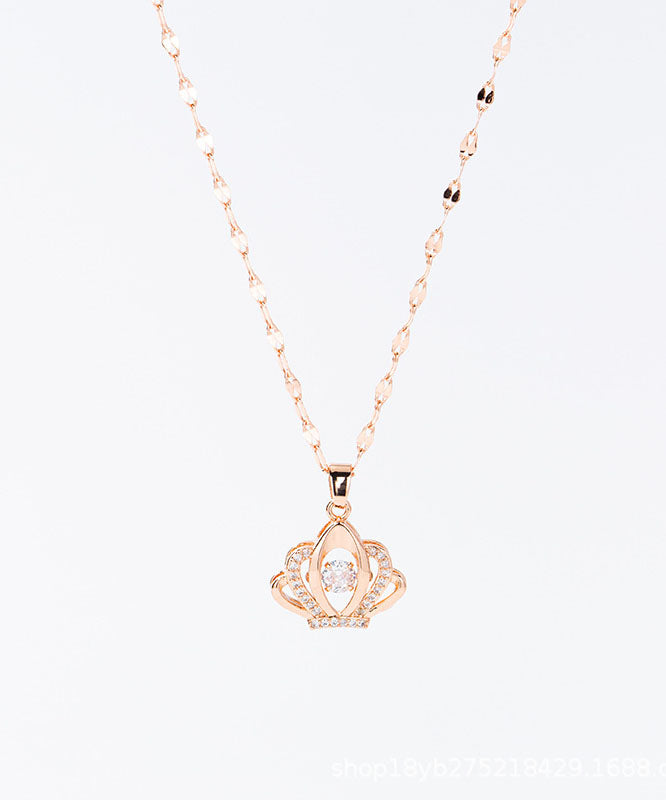 Elegant Rose Gold Copper Overgild Zircon 18K Gold Crown Pendant Necklace