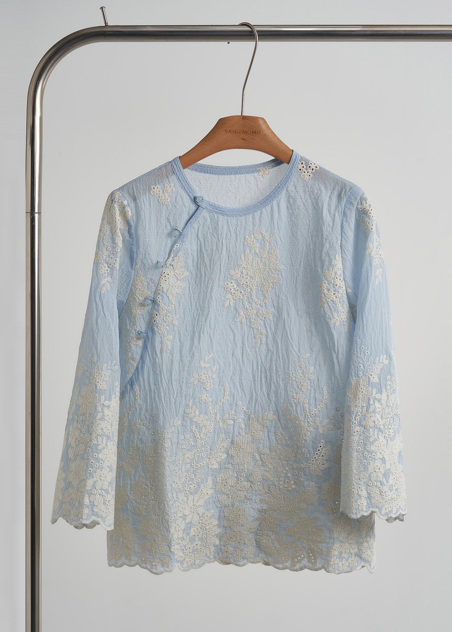 Elegant Sky Blue Embroidered Cotton Tops Spring