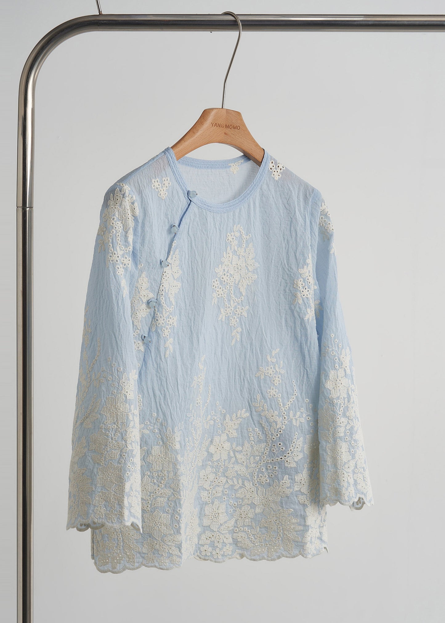 Elegant Sky Blue Embroidered Cotton Tops Spring
