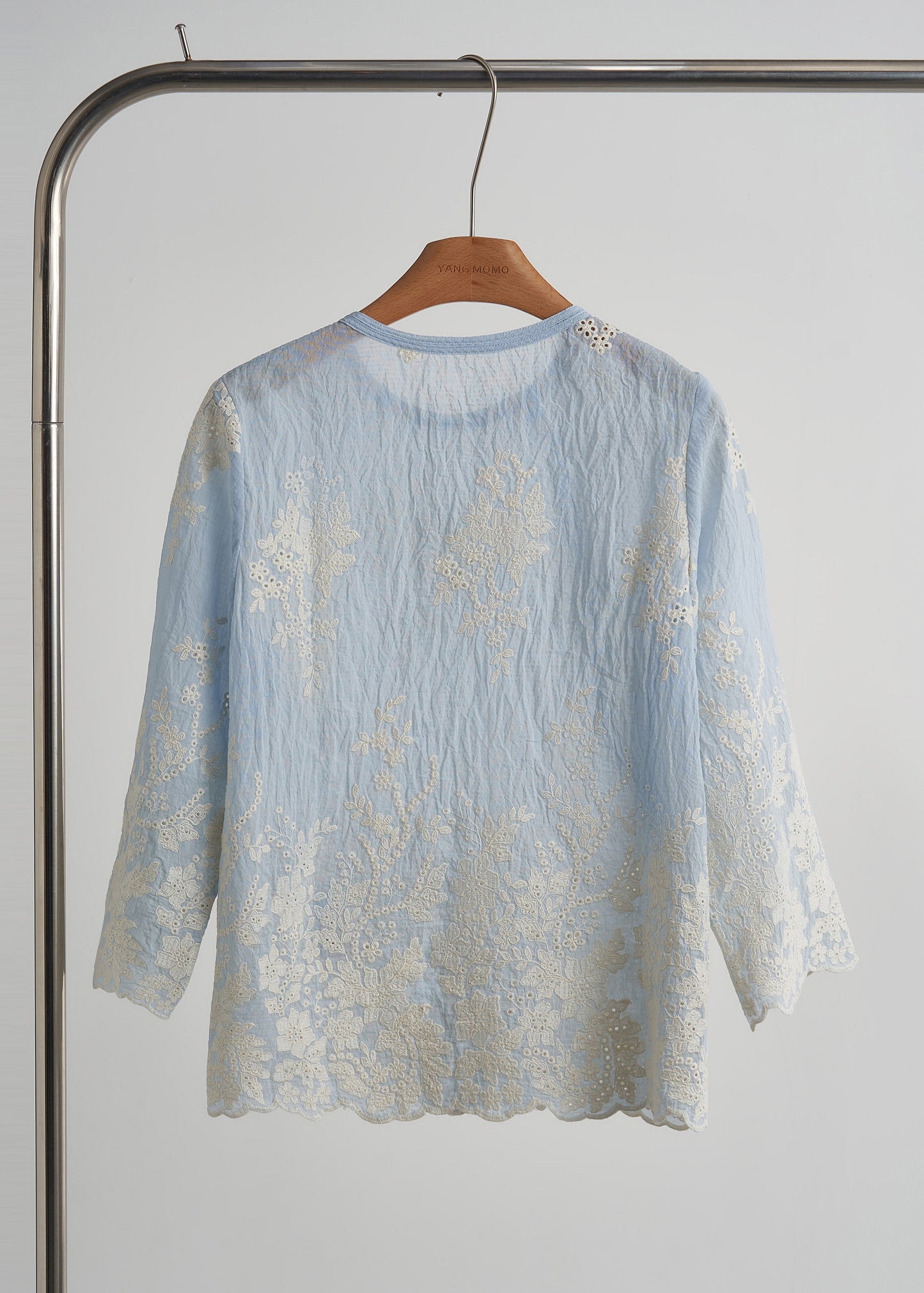 Elegant Sky Blue Embroidered Cotton Tops Spring