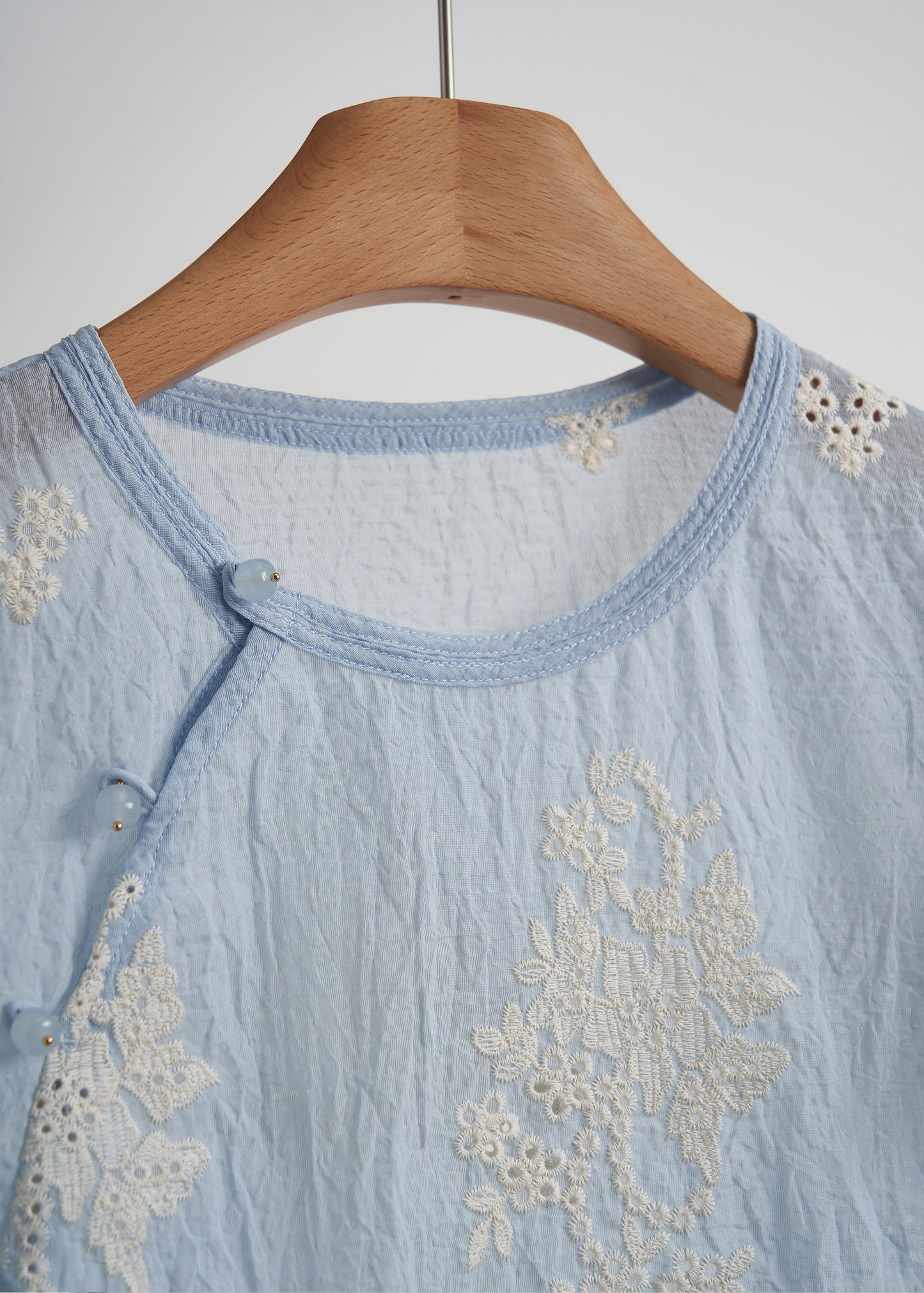 Elegant Sky Blue Embroidered Cotton Tops Spring
