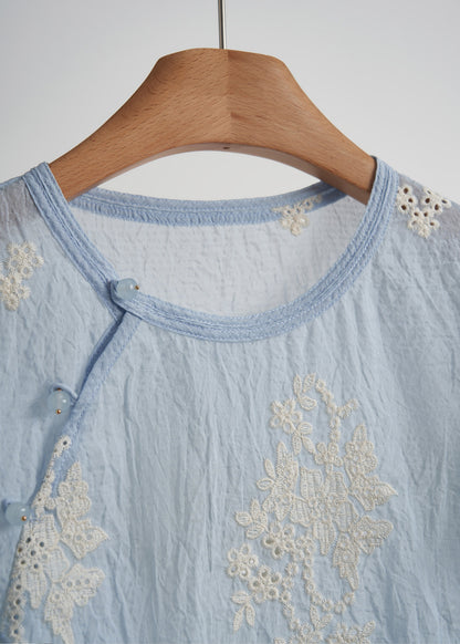 Elegant Sky Blue Embroidered Cotton Tops Spring