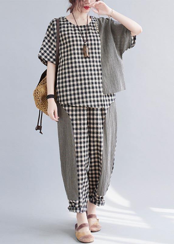 Elegant Small grid Patchwork asymmetrical design Two Piece Set Women Clothing - SooLinen