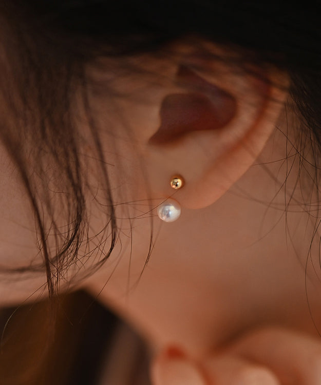 Elegant Sphere Rear Mounted Pearl Gold Plated Stud Earrings