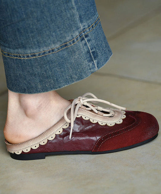 Elegant Splicing Flat Slide Sandals Mulberry Cowhide Leather