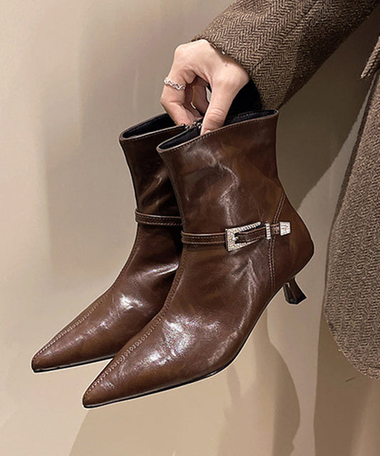 Elegant Splicing High Heel Boots Brown Faux Leather Pointed Toe