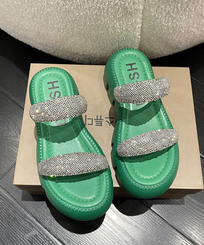 Elegante Splicing Plateau Slide Sandalen Peep Toe Grün Zirkon