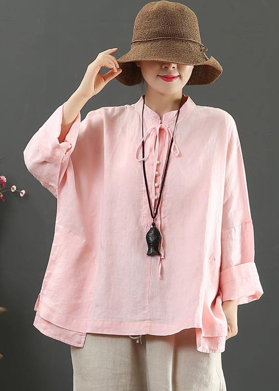 Elegant Stand Collar Pockets Spring Blouse Wardrobes Pink Blouse - SooLinen