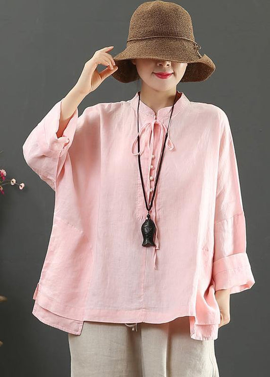 Elegant Stand Collar Pockets Spring Blouse Wardrobes Pink Blouse - SooLinen