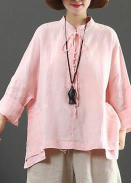 Elegant Stand Collar Pockets Spring Blouse Wardrobes Pink Blouse - SooLinen