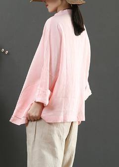 Elegant Stand Collar Pockets Spring Blouse Wardrobes Pink Blouse - SooLinen