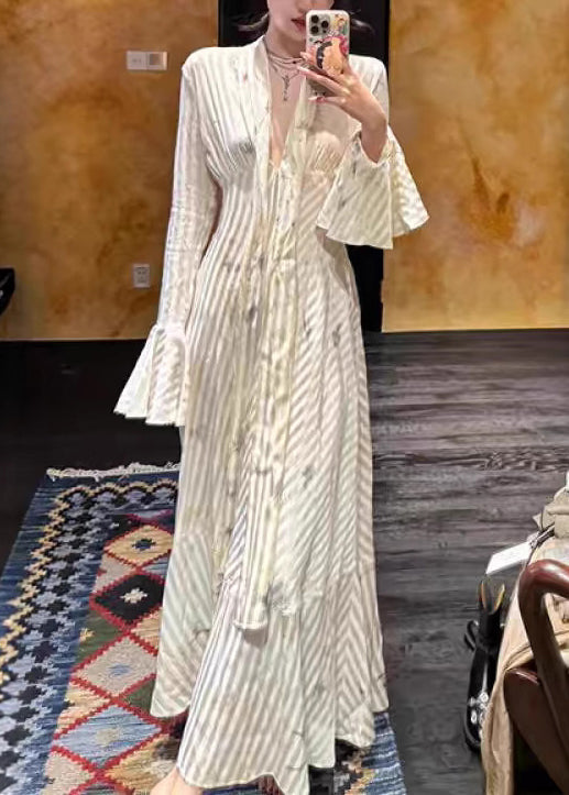 Elegant Striped Bow High Waist Long Dress Flare Sleeve