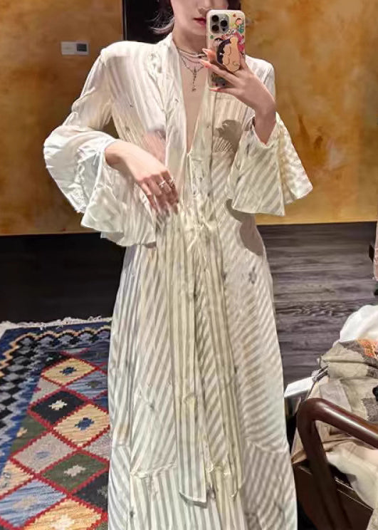 Elegant Striped Bow High Waist Long Dress Flare Sleeve