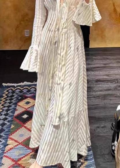 Elegant Striped Bow High Waist Long Dress Flare Sleeve