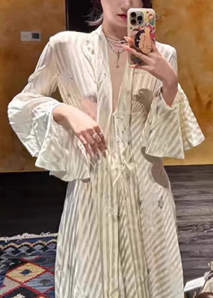 Elegant Striped Bow High Waist Long Dress Flare Sleeve