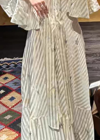 Elegant Striped Bow High Waist Long Dress Flare Sleeve