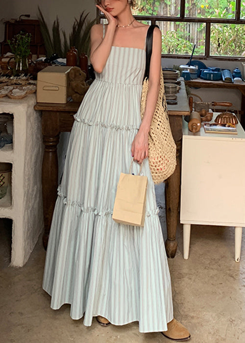 Elegantes gestreiftes, gerüschtes Spaghettiträgerkleid aus Baumwolle mit hoher Taille