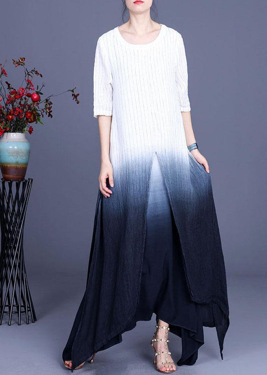 Elegant Striped Tie Dye asymmetrical design Cotton Linen Summer Dress - SooLinen