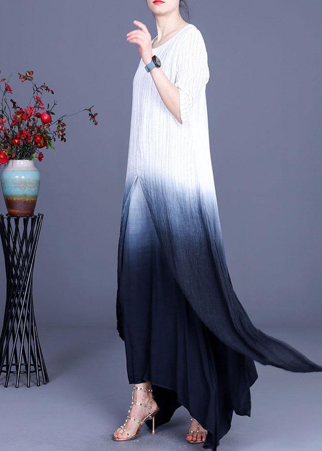 Elegant Striped Tie Dye asymmetrical design Cotton Linen Summer Dress - SooLinen