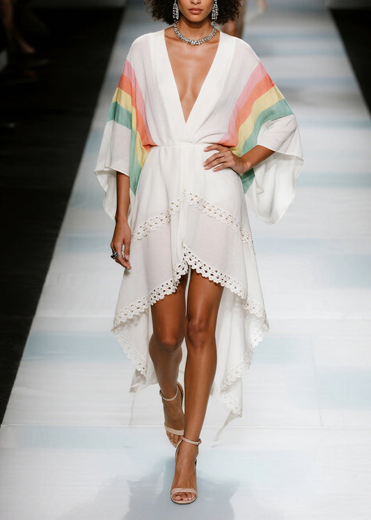 Elegant V Neck Asymmetrical Design Patchwork Cotton Dresses Summer