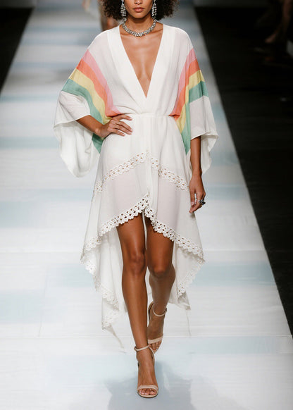 Elegant V Neck Asymmetrical Design Patchwork Cotton Dresses Summer