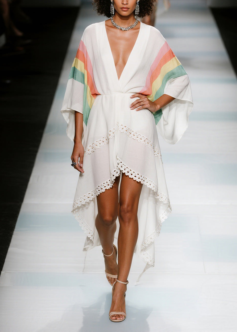 Elegant V Neck Asymmetrical Design Patchwork Cotton Dresses Summer