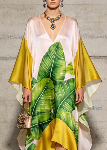Elegant V Neck Asymmetrical Design Print Chiffon Dresses Summer
