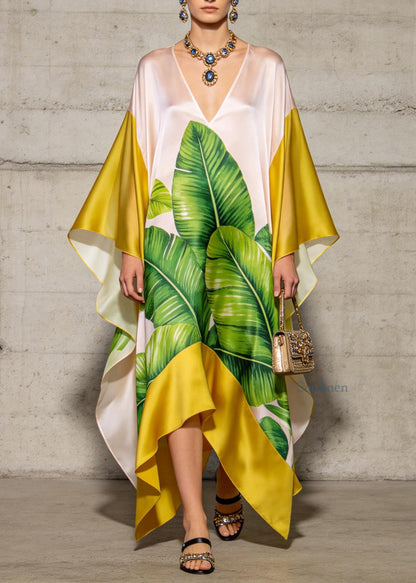 Elegant V Neck Asymmetrical Design Print Chiffon Dresses Summer