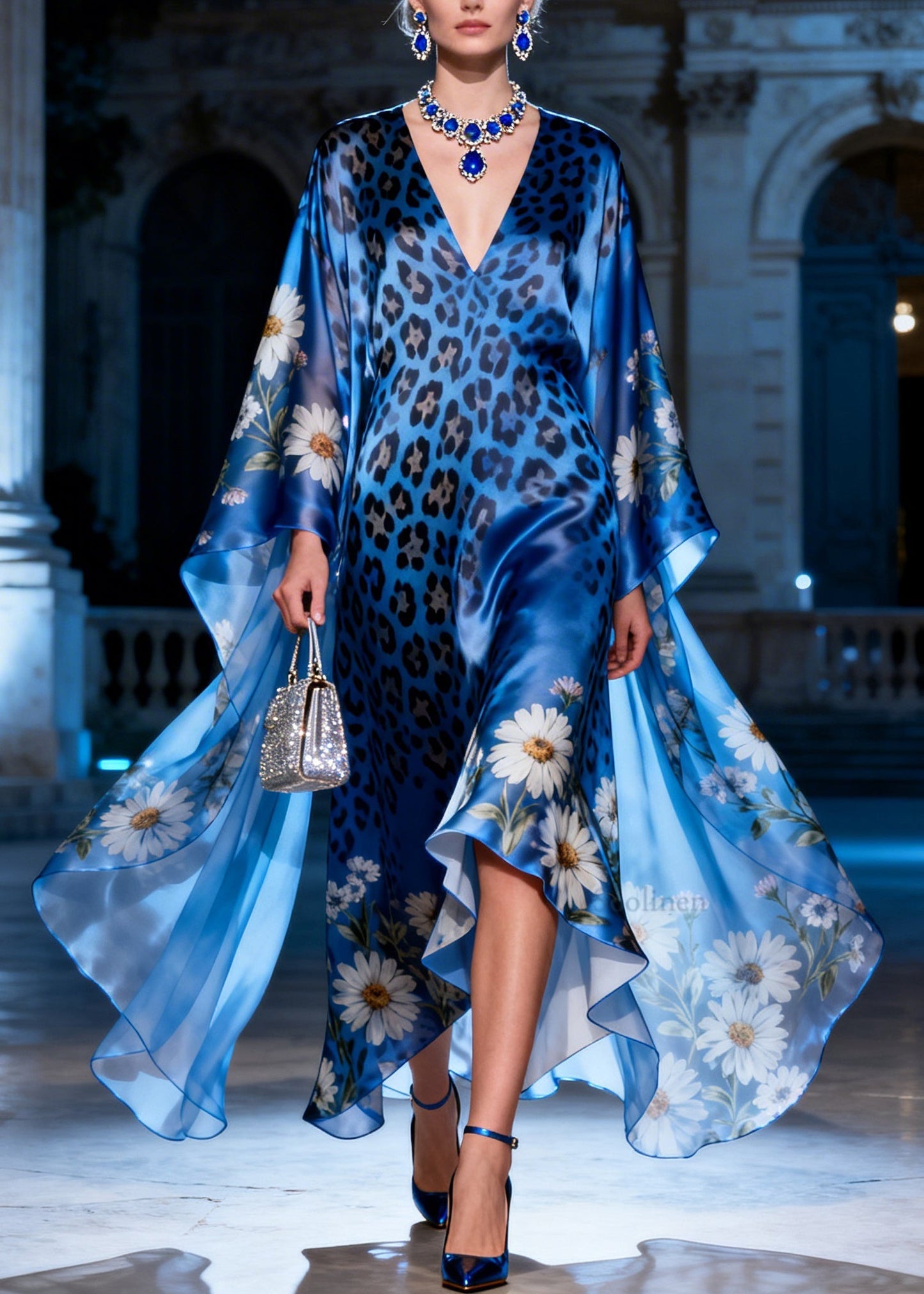 Elegant V Neck Asymmetrical Design Print Silk Maxi Dress Summer