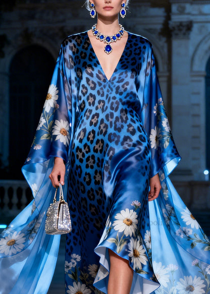 Elegant V Neck Asymmetrical Design Print Silk Maxi Dress Summer