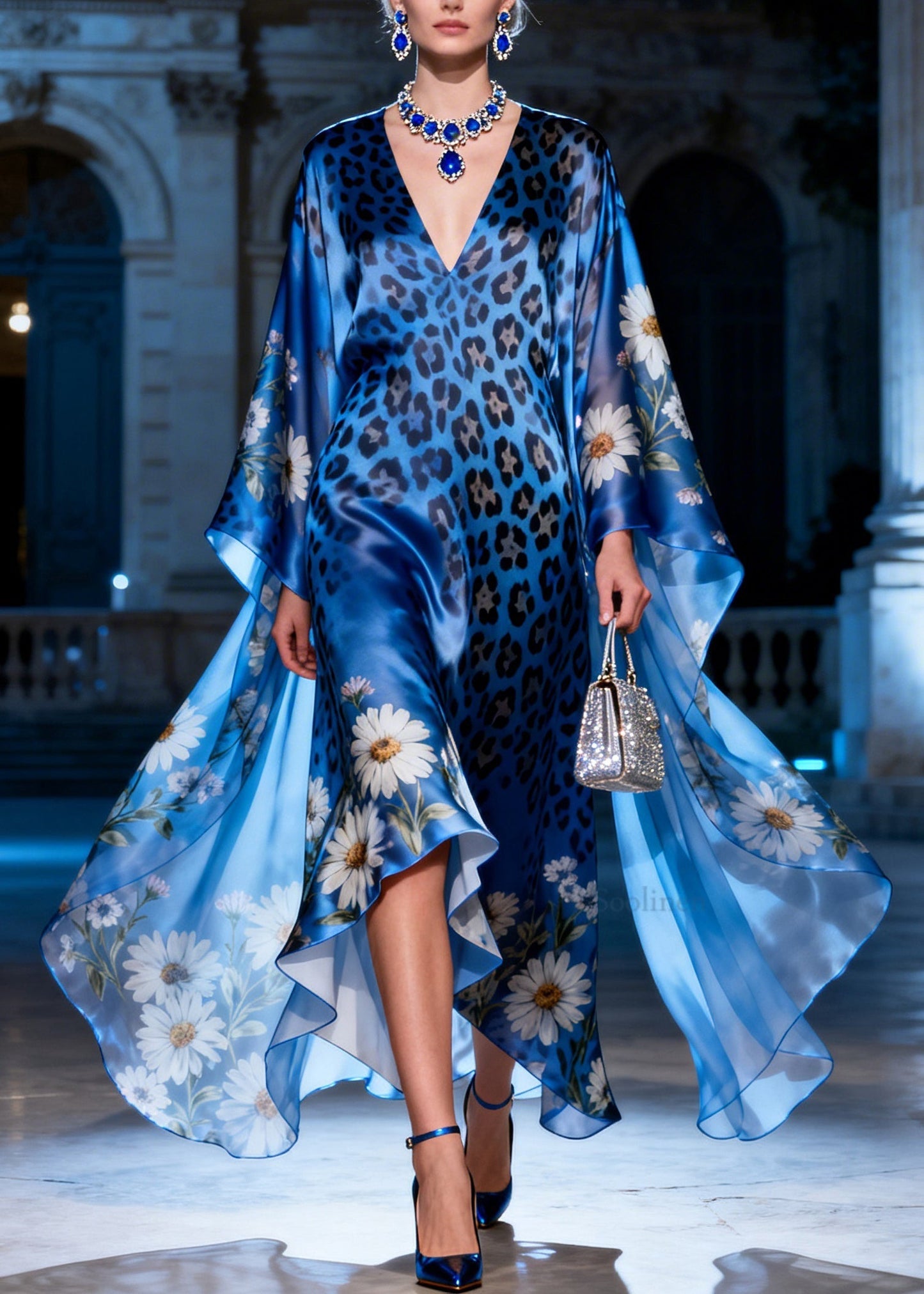 Elegant V Neck Asymmetrical Design Print Silk Maxi Dress Summer