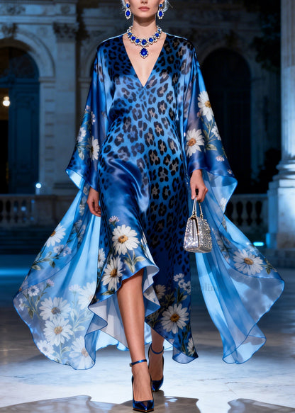 Elegant V Neck Asymmetrical Design Print Silk Maxi Dress Summer