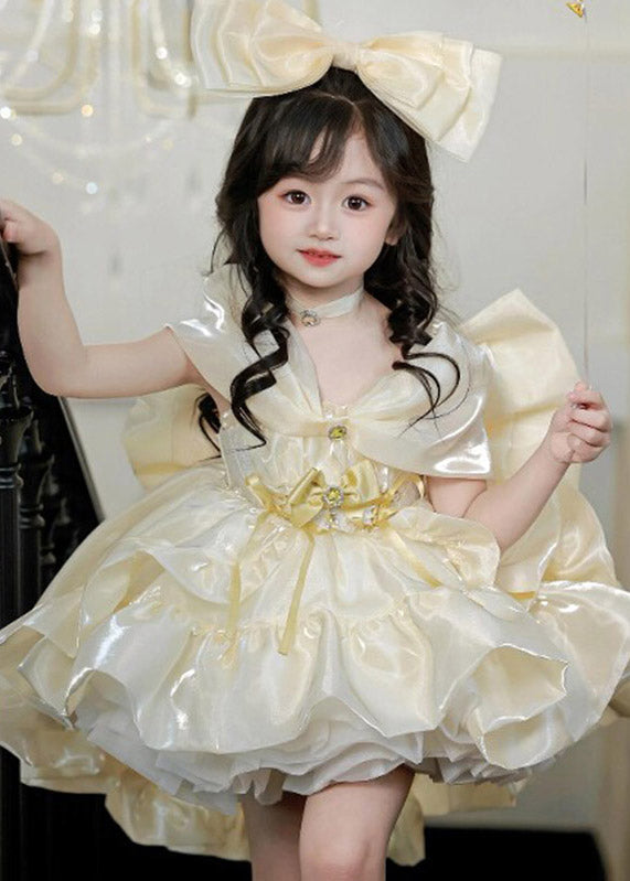 Elegant V Neck Low High Design Tulle Girls Party Long Dress Short Sleeve