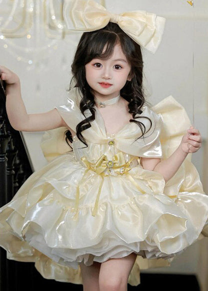 Elegant V Neck Low High Design Tulle Girls Party Long Dress Short Sleeve