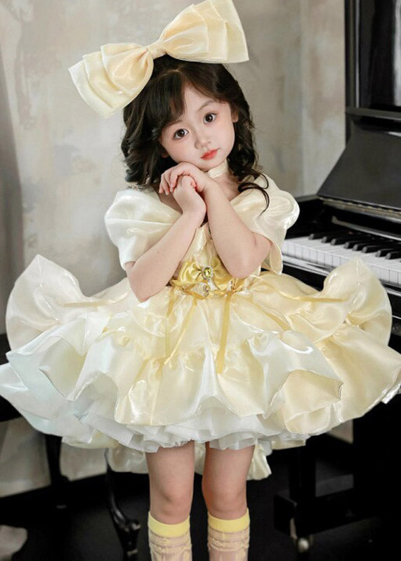 Elegant V Neck Low High Design Tulle Girls Party Long Dress Short Sleeve