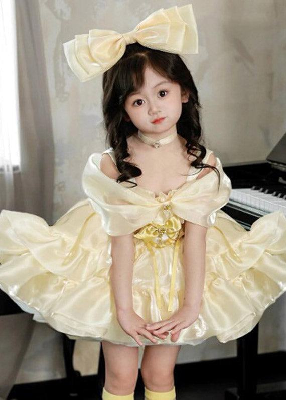 Elegant V Neck Low High Design Tulle Girls Party Long Dress Short Sleeve