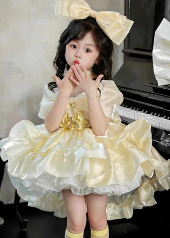 Elegant V Neck Low High Design Tulle Girls Party Long Dress Short Sleeve