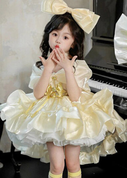 Elegant V Neck Low High Design Tulle Girls Party Long Dress Short Sleeve
