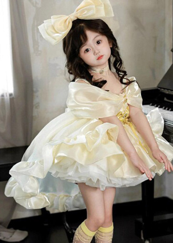 Elegant V Neck Low High Design Tulle Girls Party Long Dress Short Sleeve