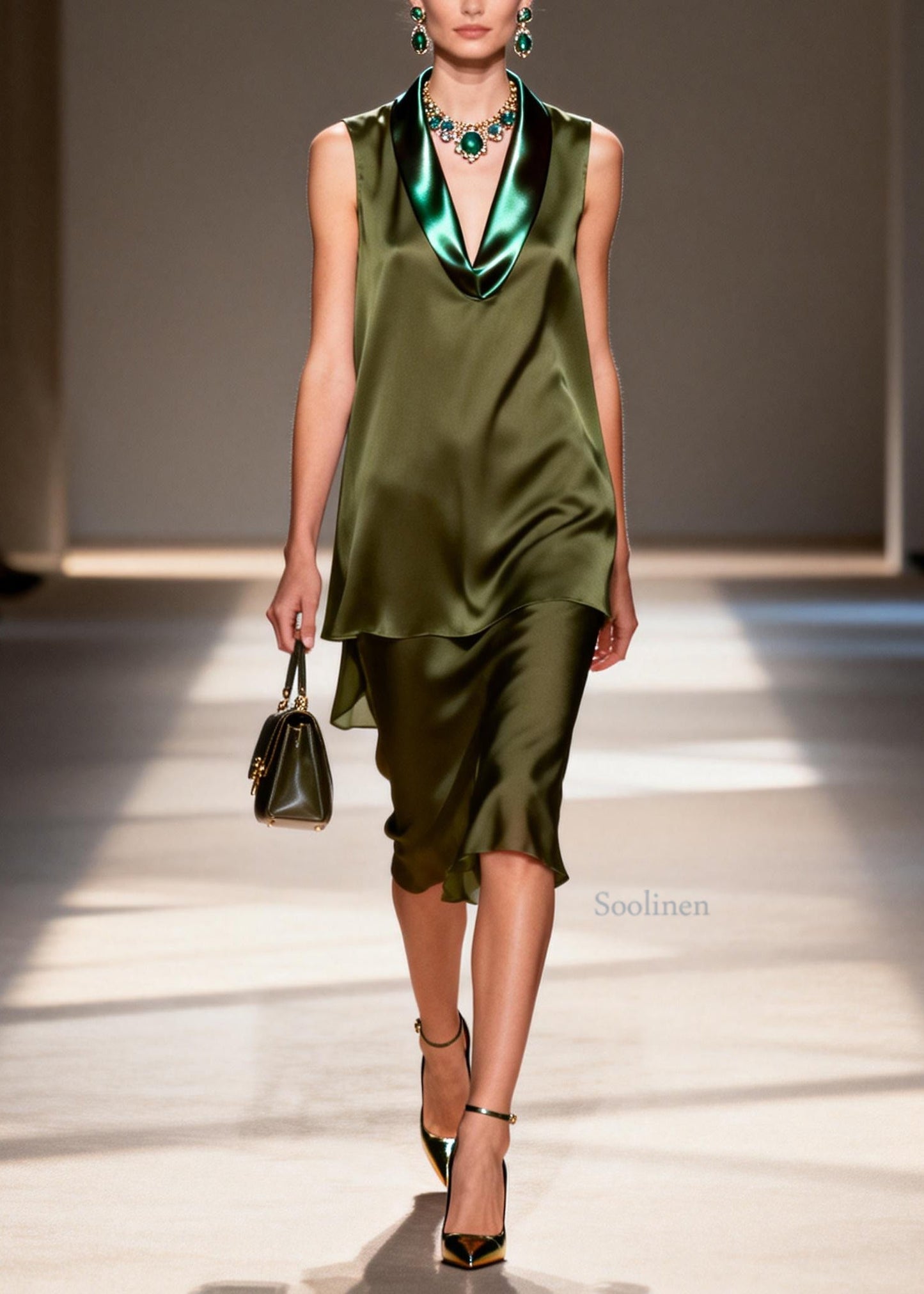 Elegant V Neck Patchwork False Two Pieces Silk Dresses Sleeveless