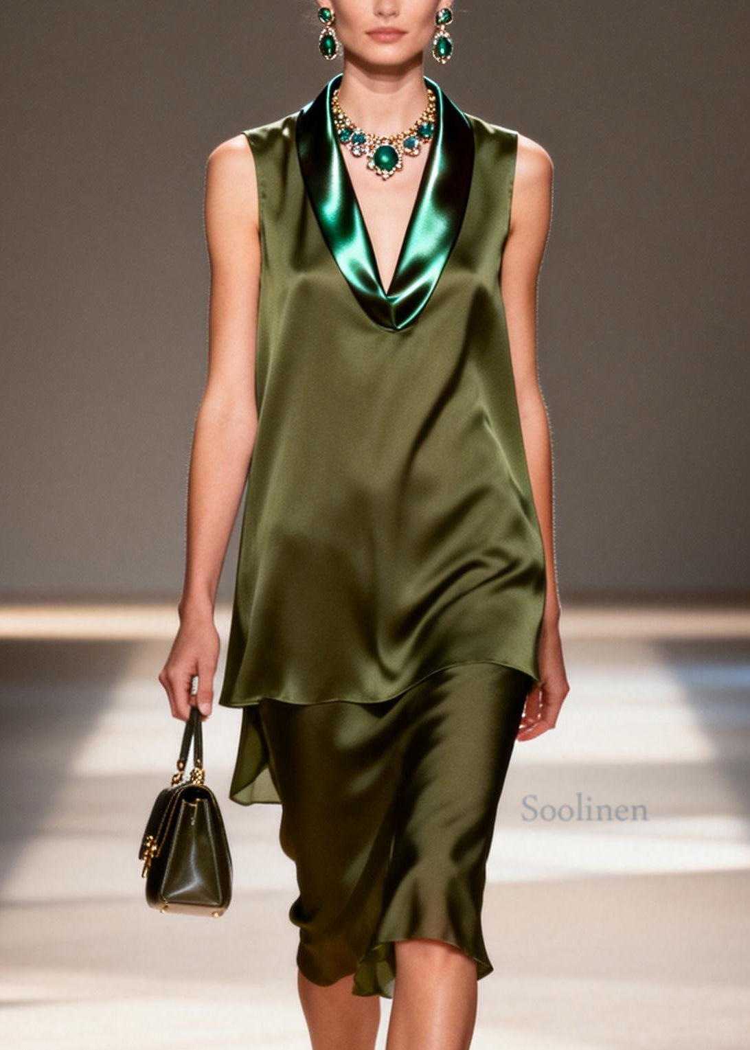 Elegant V Neck Patchwork False Two Pieces Silk Dresses Sleeveless