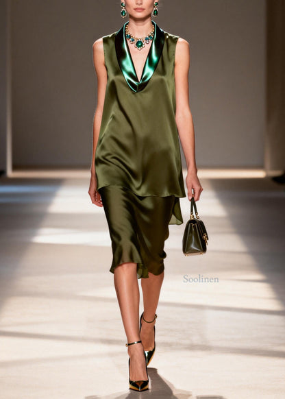Elegant V Neck Patchwork False Two Pieces Silk Dresses Sleeveless