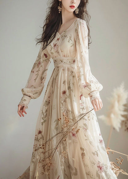 Elegantes Chiffonkleid mit V-Ausschnitt und Print und hoher Taille, lange Ärmel
