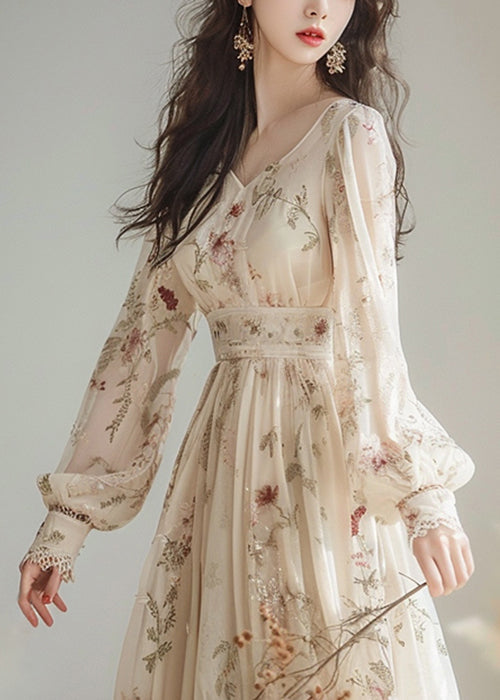 Elegantes Chiffonkleid mit V-Ausschnitt und Print und hoher Taille, lange Ärmel