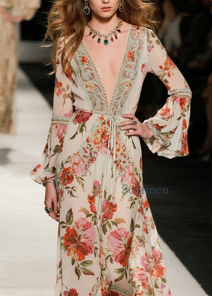 Elegante, locker sitzende Baumwollkleider mit V-Ausschnitt, Print und ausgestellten Ärmeln